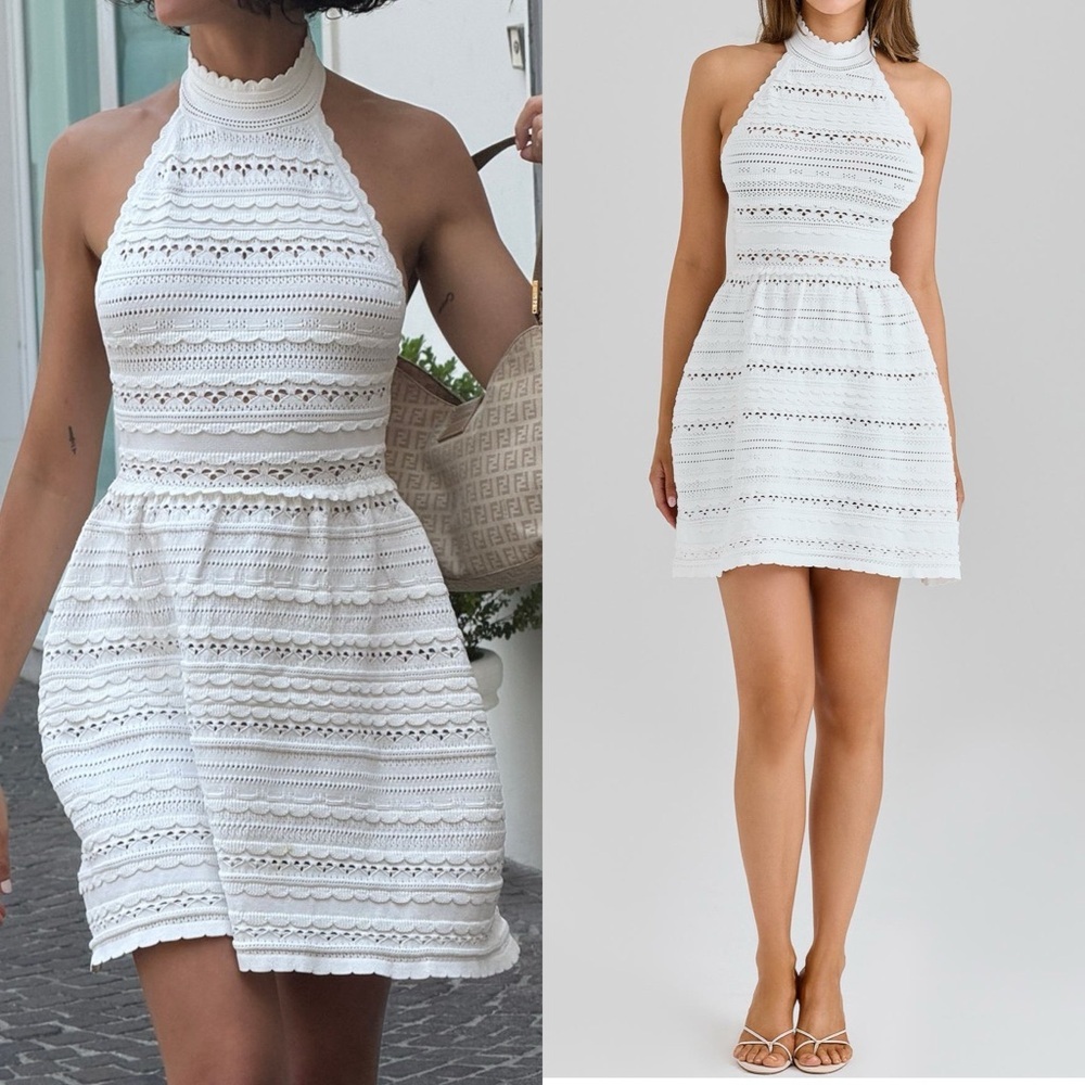 HOUSE OF CB Serafina Mixed Stitch Mini Halter White Dress M